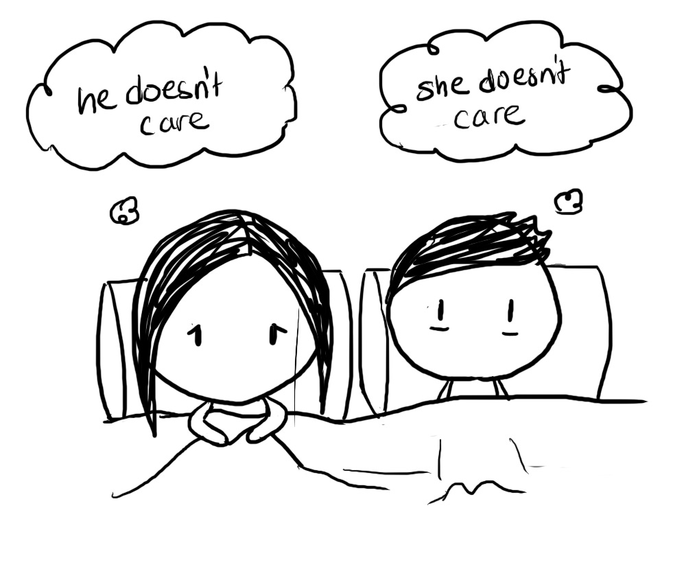 two people sitting in the same bed, feeling like the other person doesn't care about them