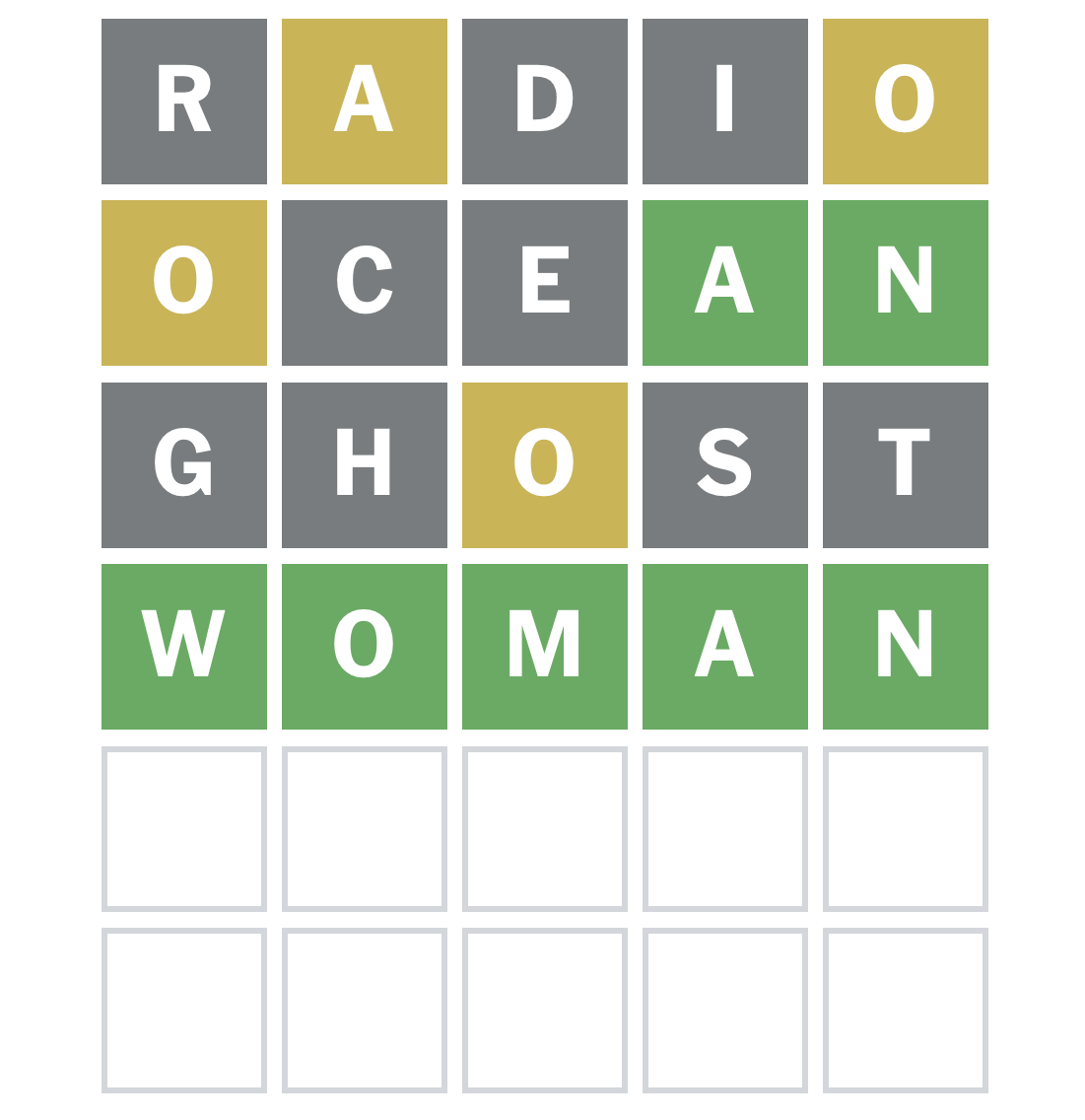 A wordl screenshot with the words: radio, ocean, ghost, woman