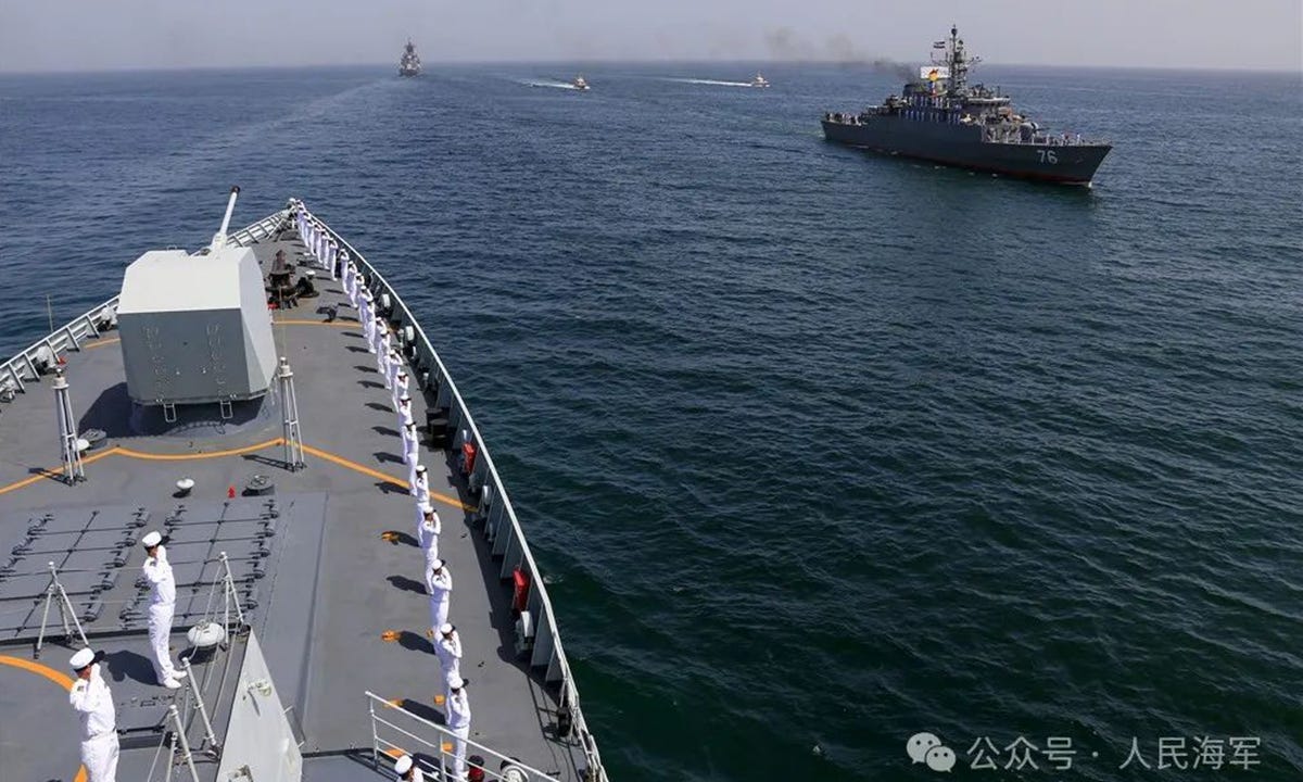 The naval forces of China, Iran and Russia hold a fleet review during the sea phase of the Security Belt-2024 joint exercise held near the Gulf of Oman from March 12 to 13, 2024. Photo: Screenshot from the WeChat account of the PLA Navy