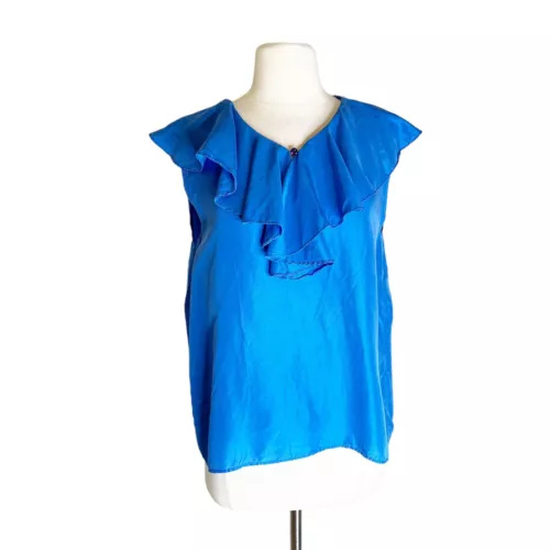 Vintage 80s L Large Blue Silk Top Sleeveless Blouse Ruffle Collar - Picture 1 of 24