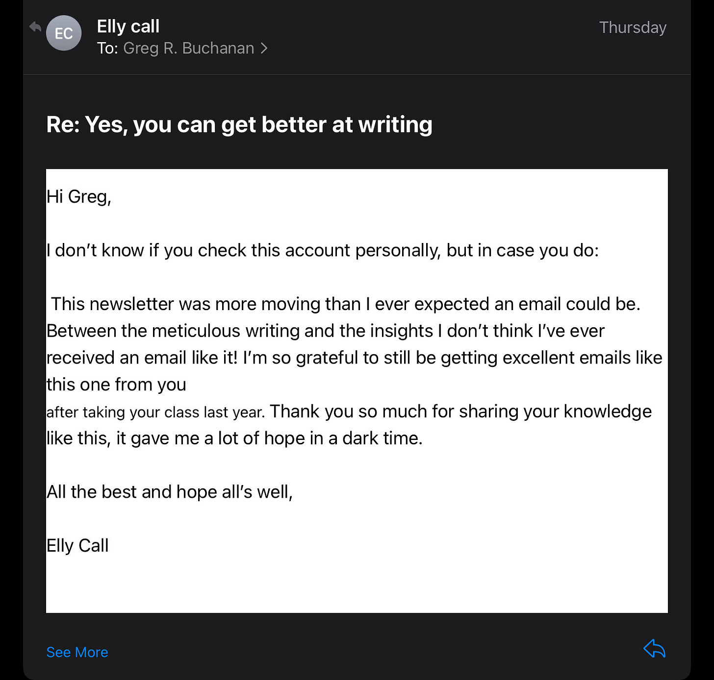message from former student saying that one of my articles meant a lot to her