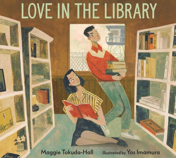 A cover of a children's book, with the title, Love in the Library, at the top, over an image of a couple looking at each other in a library. 