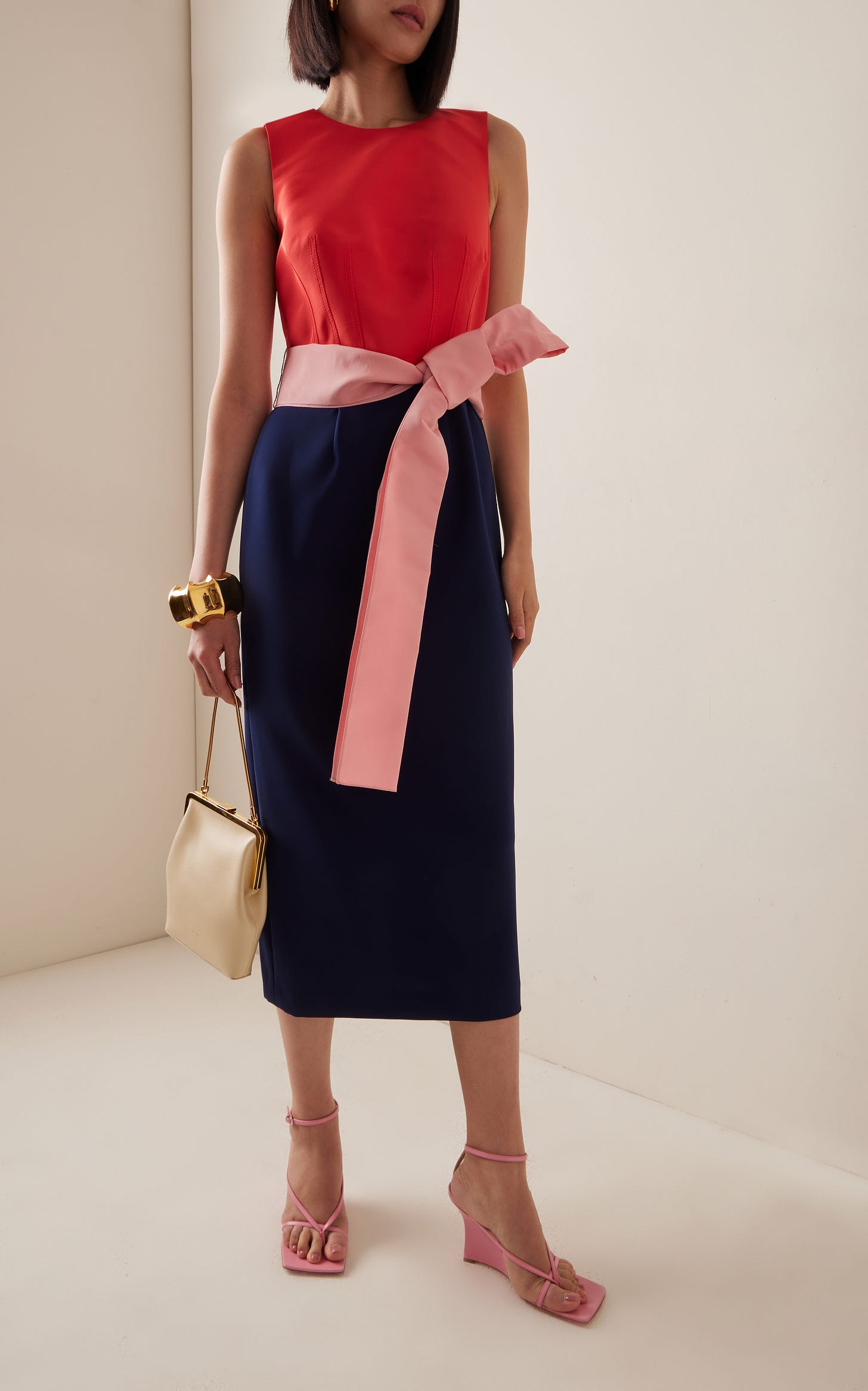 Exclusive Belted Tri-Color Midi Sheath Dress