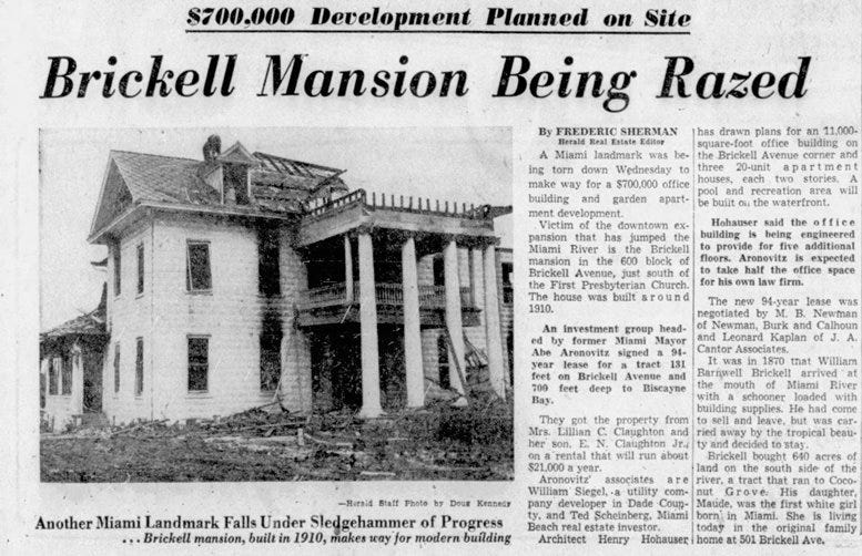 Figure 3: Article in Miami Herald on February 27, 1958, announcing the demolition of 631 Brickell Avenue.