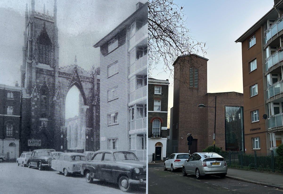 then and now photos of the presbyterian church in regent square. it is gone in the 2025 image