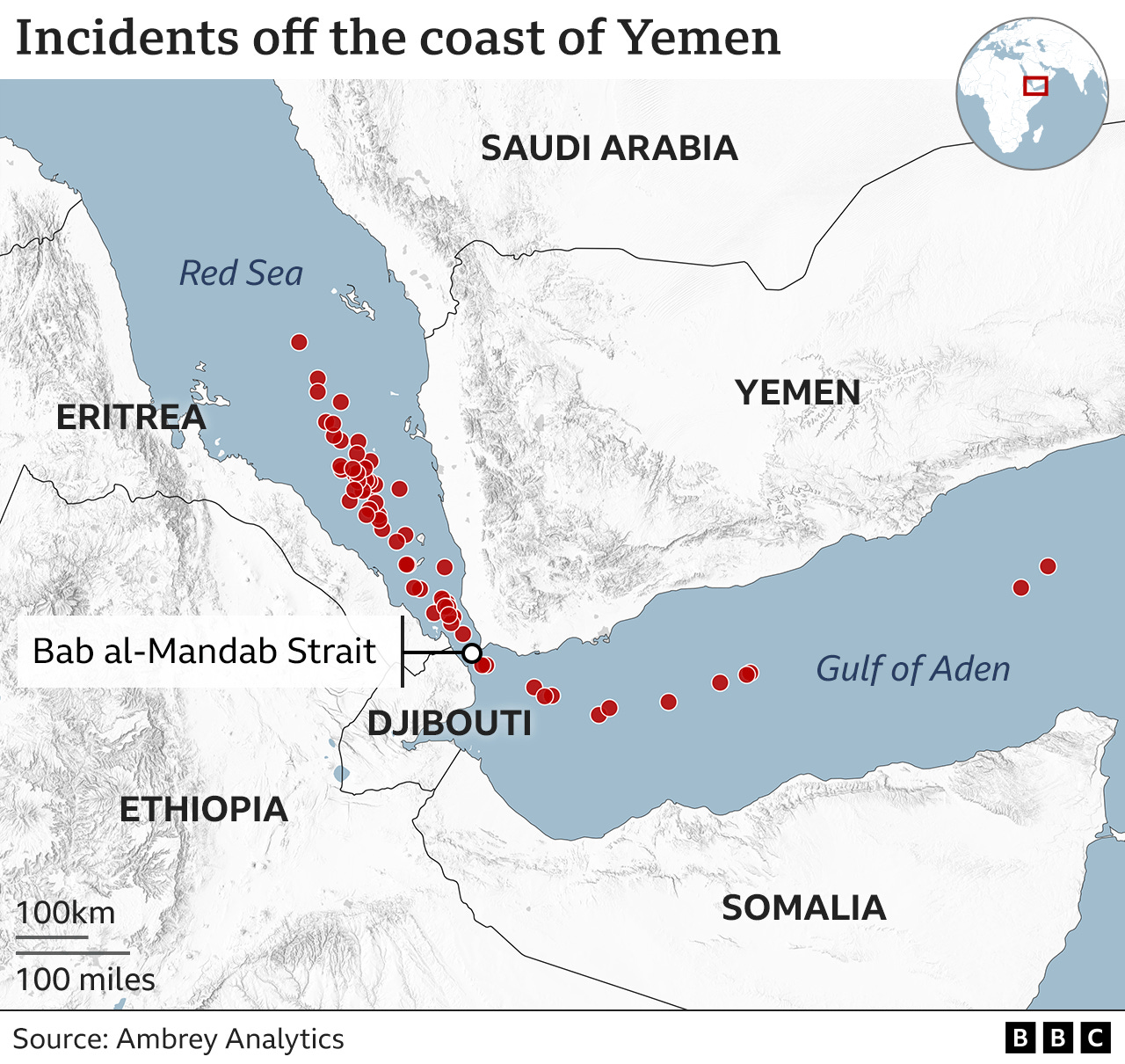 Carte des incidents au large du Yémen