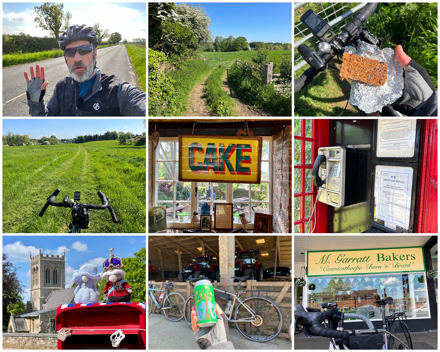 A montage of nine photographs. There is a photograph of me in cycling helmet, a farm track, a flapjack in foil, my bicycle handlebars in a green field, a sign in a café saying cake, a phone box with an actual phone in, two crocheted members of the royal family on top of a postbox, a beer being held in front of my pushbike, and the bakery close to the end of my journey.