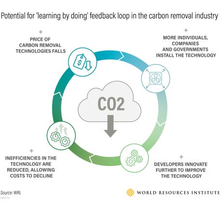 Potential for 'learning by doing' feedback loop in the carbon removal industry.