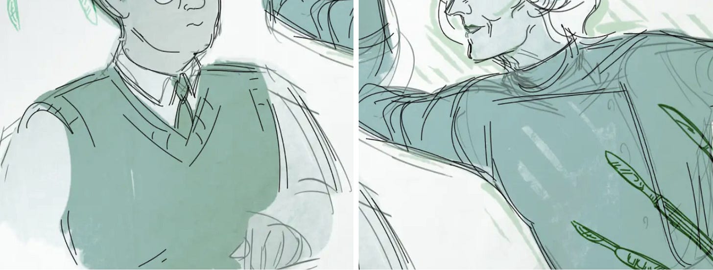 Digital art preview. Sketches of two men, cropped below the eyes. The one on the right appears to be lunging forward. The man on the left appears to be shrinking back. All of the above coloured in shades of blue-green.