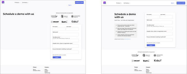 Two “Schedule a demo” pages, where one grid is misaligned and broken with a few issues on the left, and something looks much better and aligned on the right.