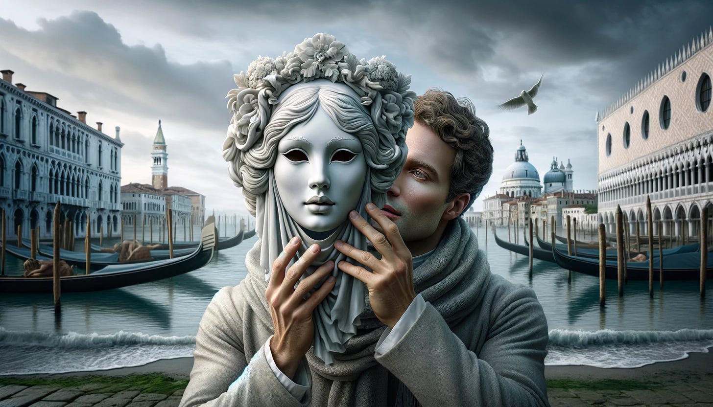 Revise the scene to place a stronger emphasis on the mask resembling a woman's face, while omitting the carnival attributes. In a serene Venetian setting, a white man holds a realistic mask in front of his face, which strikingly resembles a woman's face, with softer features, delicate makeup, and a gentle expression. The mask's realism contrasts with the man's attire and the landscape backdrop of Venice's iconic canals and architecture. This time, the mask is not a carnival piece but a realistic depiction meant to blur the lines between identity and disguise. The landscape composition highlights this moment of transformation against the timeless beauty of Venice, capturing a sense of intrigue and introspection.