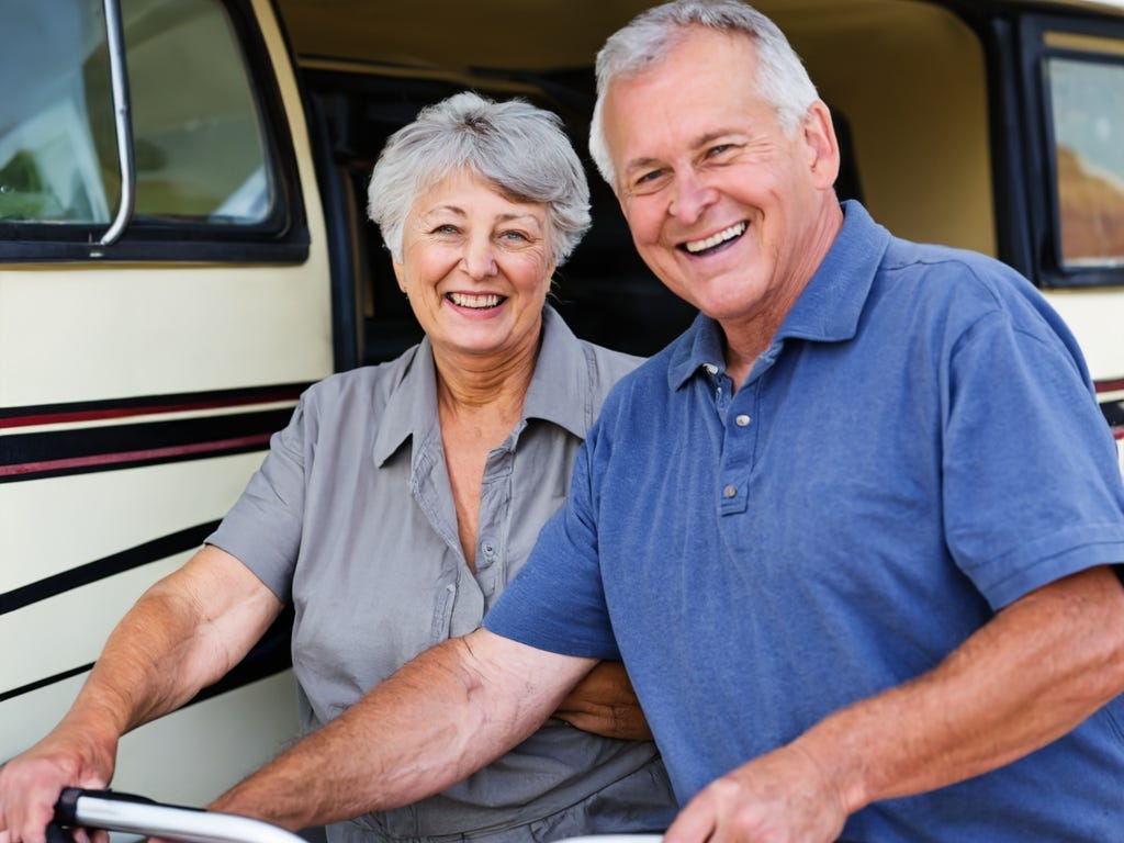 Suntanned white man and woman with gray hair stand smiling in a portrait outside the door of their moble home.