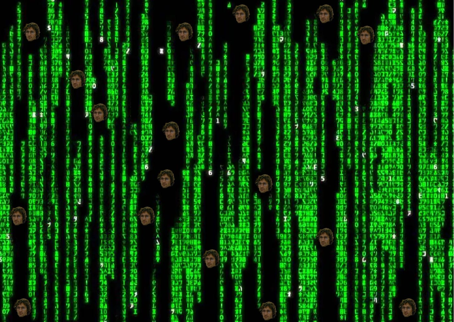 Matrix green text with David Koresh heads scattered through it