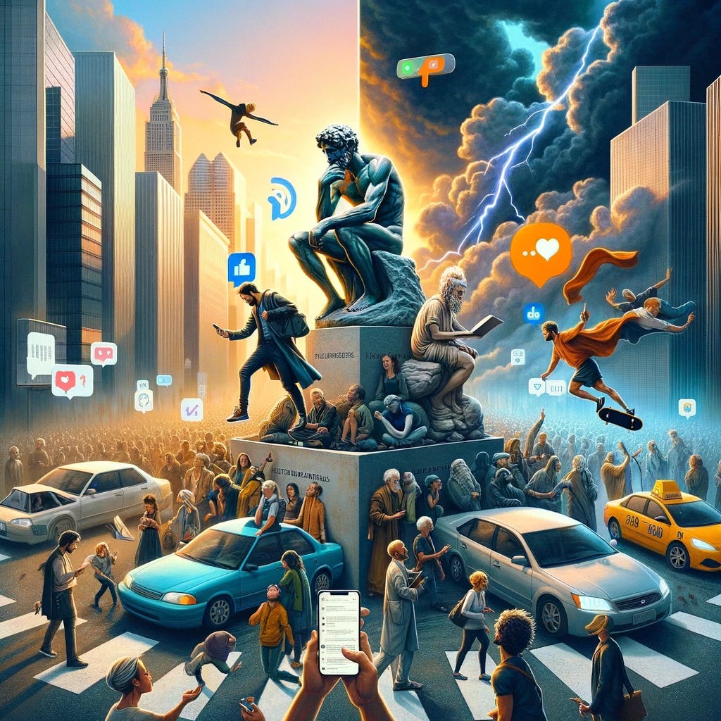 Create a series of images that capture the essence of a post discussing the interplay between ethics, heroism, and community in our digitally connected era. The first image should depict a philosopher in a modern, bustling cityscape, absorbed in thought amidst the chaos of digital notifications, symbolizing the struggle to maintain deep reflection in a world full of distractions. The second image should portray the poignant heroism of Ignacio Echevarría ('the skateboard hero'), highlighting the stark contrast between his selfless act and society's mixed reactions of skepticism and indifference. The third image explores the dynamic between individual actions and collective ethics, showing a diverse group of people at a crossroads, each facing a choice that reflects their moral compass. The fourth image should be an inspiring tableau, encouraging self-examination and the pursuit of contributing positively to the world, with visual elements that reference the Ilíada and the Odisea, embodying timeless values of courage, loyalty, and sacrifice. These images should collectively inspire viewers to reconnect with their moral compass and engage in actions aligned with the noblest aspects of human nature, despite the allure of superficiality in today's society.