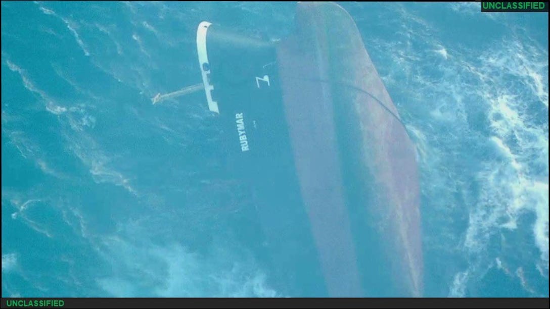 TAMPA, Fla. – On March 2 at approximately 2:15 a.m. (Sanaa time), Rubymar, a Belize-flagged, UK-owned bulk carrier, sank in the Red Sea after being struck by an Iranian-backed Houthi terrorist anti-ship ballistic missile on Feb. 18.
The ship had been slowly taking on water since the unprovoked attack.
The approximately 21,000 metric tons of ammonium phosphate sulfate fertilizer that the vessel was carrying presents an environmental risk in the Red Sea. As the ship sinks it also presents a subsurface impact risk to other ships transiting the busy shipping lanes of the waterway.
The Iran-backed Houthis pose a heightened threat to global maritime activities. The United States and coalition partners remain committed to safeguarding freedom of navigation, striving to enhance the safety and security of international waters for merchant shipping. TAMPA, Fla. – On Mar. 2 at approximately 2:15 a.m. (Sanaa time), Rubymar, a Belize-flagged, UK-owned bulk carrier, sank in the Red Sea after being struck by an Iranian-backed Houthi terrorist anti-ship ballistic missile on Feb. 18.
The ship had been slowly taking on water since the unprovoked attack.
The approximately 21,000 metric tons of ammonium phosphate sulfate fertilizer that the vessel was carrying presents an environmental risk in the Red Sea. As the ship sinks it also presents a subsurface impact risk to other ships transiting the busy shipping lanes of the waterway.
The Iran-backed Houthis pose a heightened threat to global maritime activities. The United States and coalition partners remain committed to safeguarding freedom of navigation, striving to enhance the safety and security of international waters for merchant shipping.