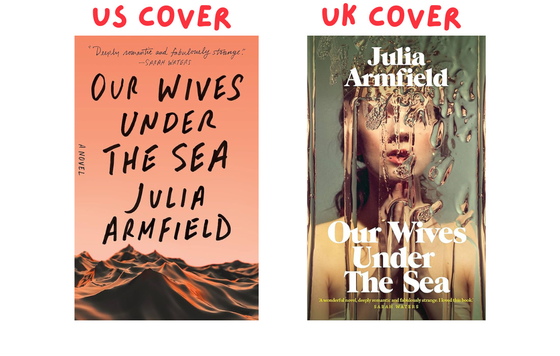 Right: US cover, featuring a pink/orange sky and mountains at the bottom. Right: UK cover, featuring a white woman behind a glass wall of falling water.