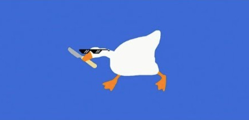 A screenshot from The Horrible Goose Game depicting a cartoon goose wearing sunglasses holding a knife in its beak