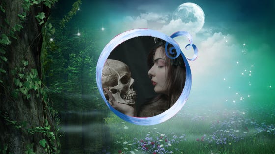 The moon watches over a pond surrounded by wildflowers and a magical forest. In a delicate pale blue frame: a red-lipped girl holds a skull up to her face, almost close enough to kiss.