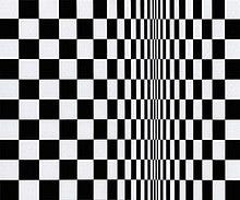 Black and light grey checkered pattern of squares that is horizontally shrunk at one third to the right side of the image