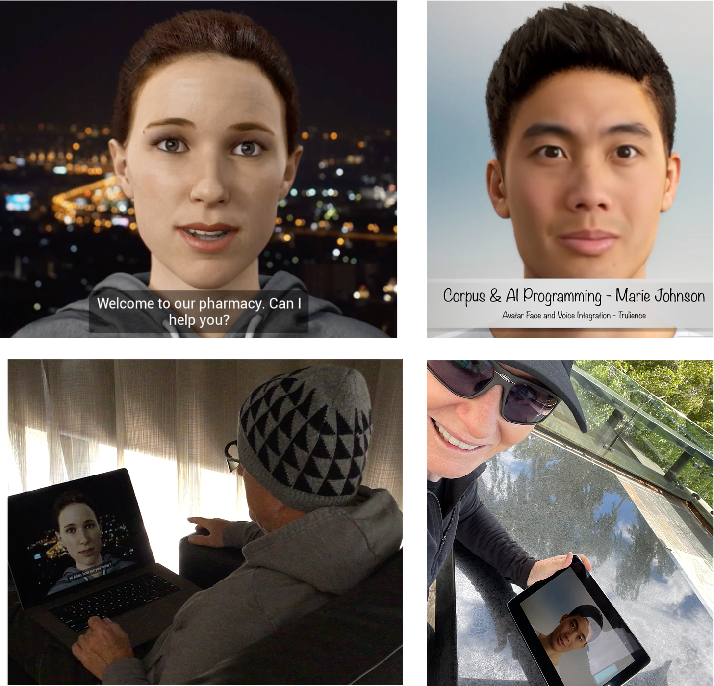Four images. Left top and bottom. Young female digital human persona in conversation with Allan Johnson. Right top and bottom: Asian male persona in conversation with Marie Johnson