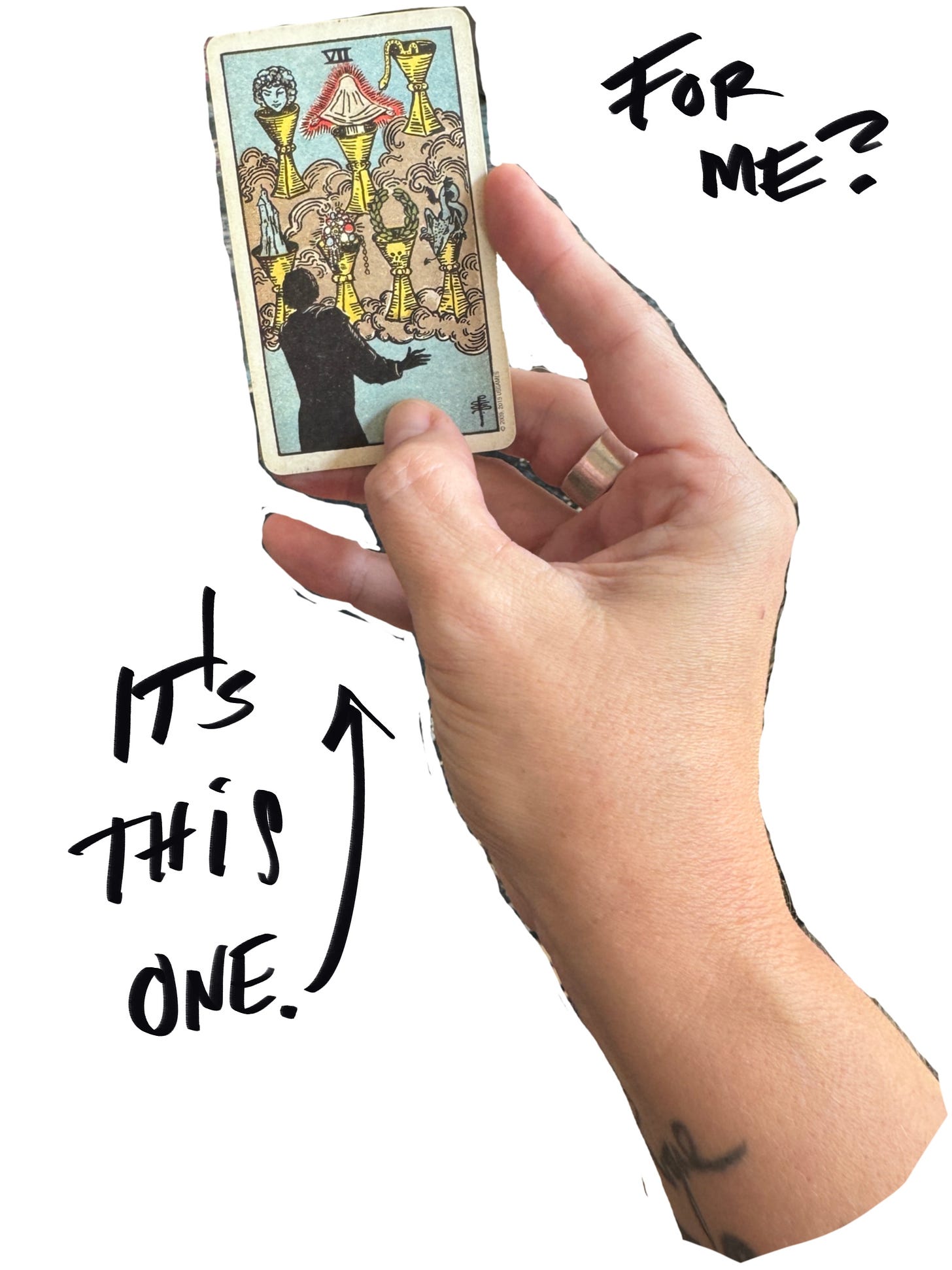 FOR ME? IT'S THIS ONE.  An arrow points to Lisette's hand holding the Pamela Coleman Smith Tarot card for the 7 of Cups featuring a glowing central figure, shrouded, standing in a golden cup surrounded by six other cups bearing various contents.