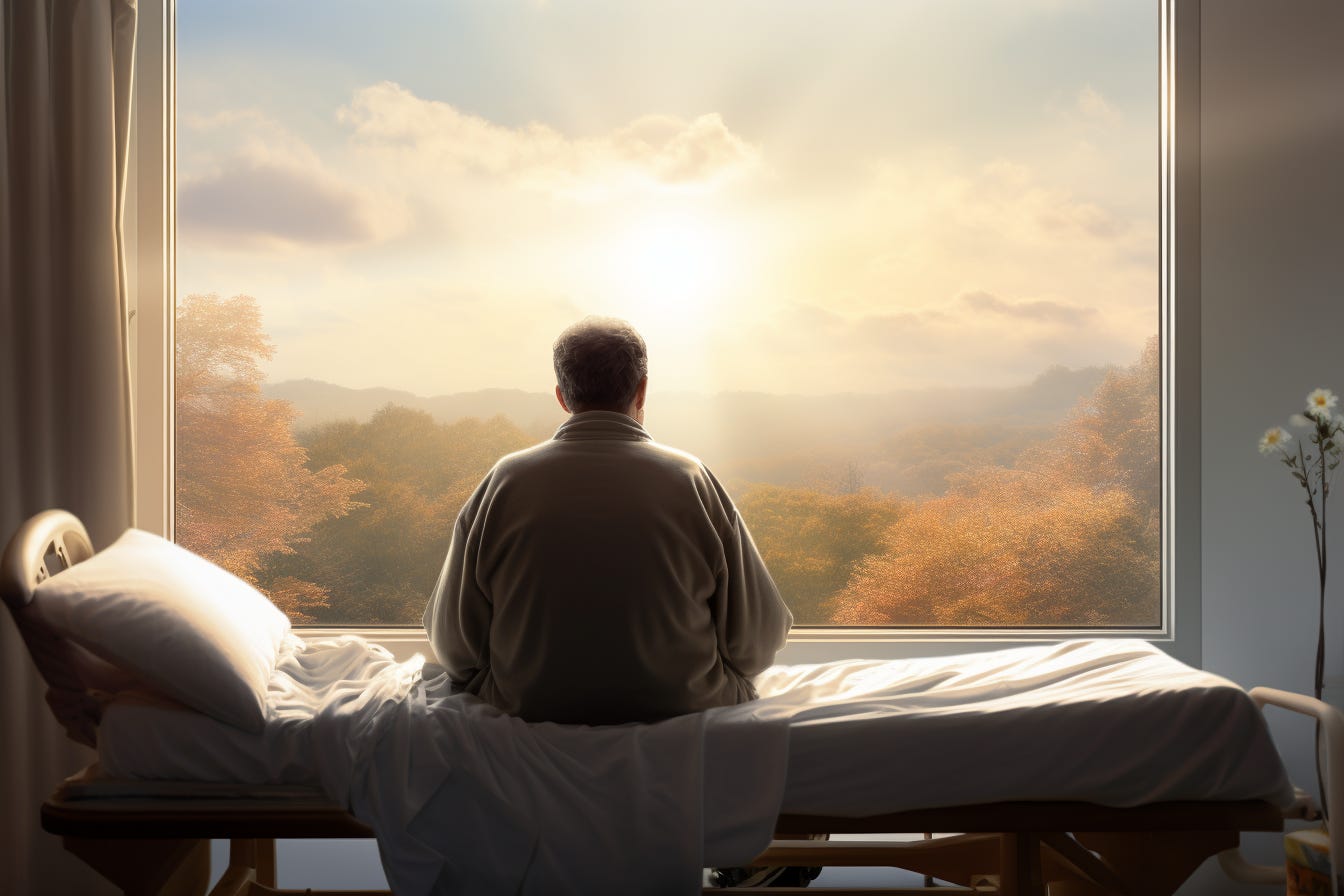 An AI-generated image of a man sitting on the side of a hospital bed, his back to the camera, looking out on an autumn morning from a hospital room.
