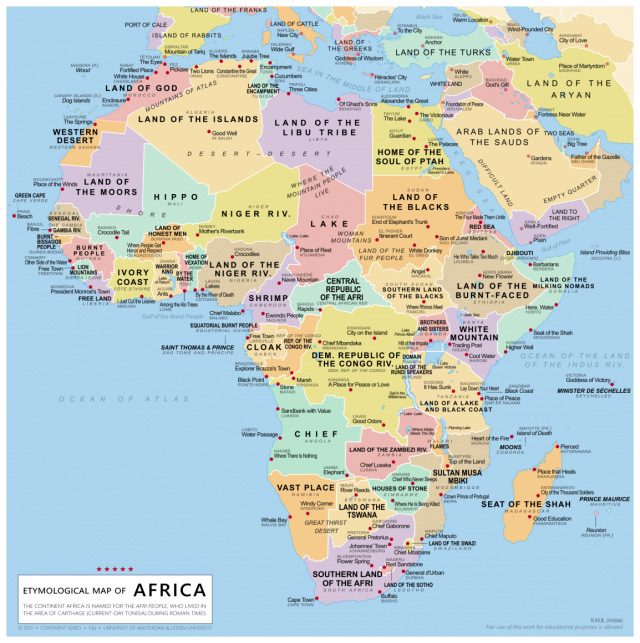 Map of Africa showing the etymological meaning of each country's name