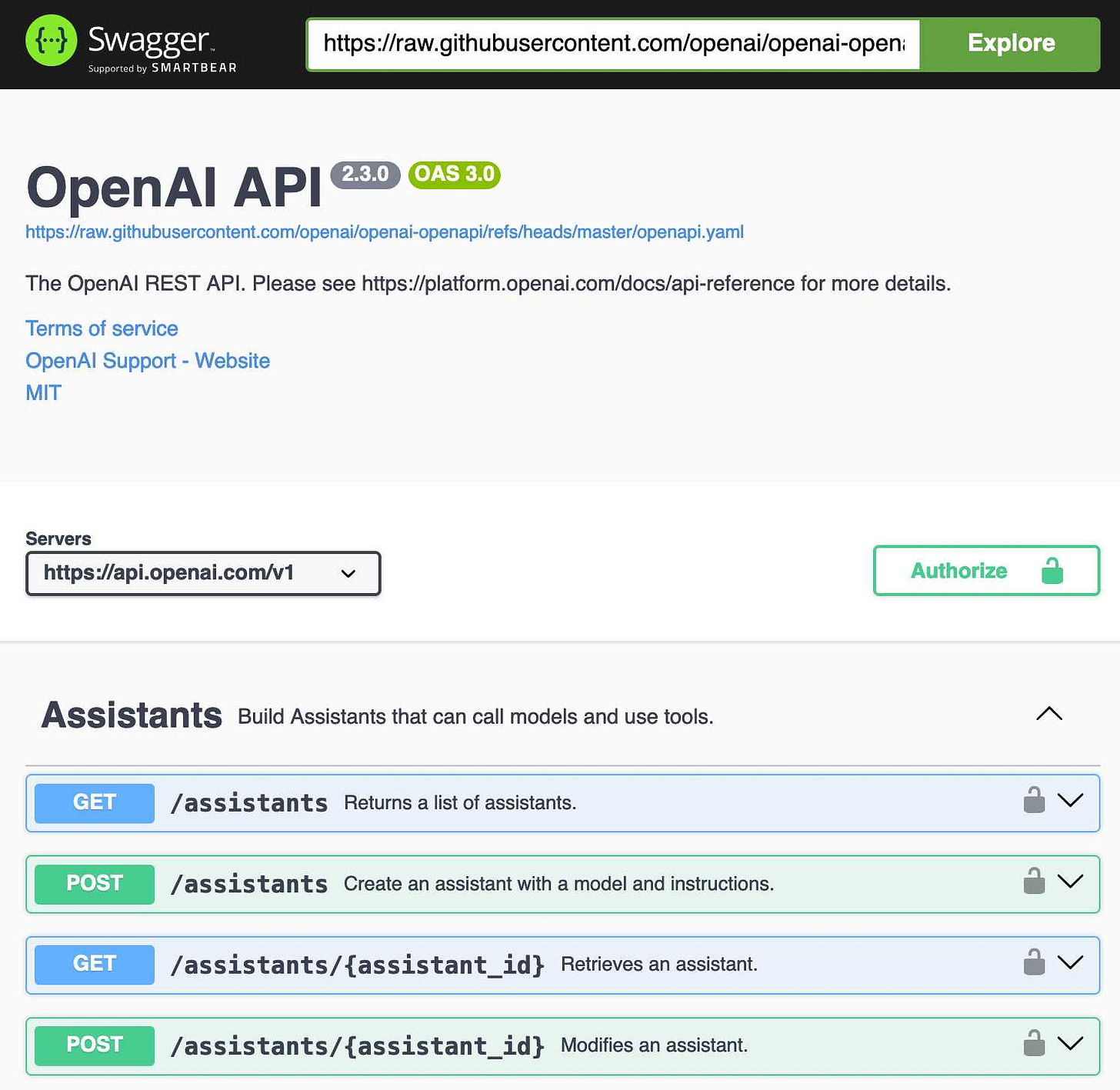 The Swagger API browser showing the OpenAI API