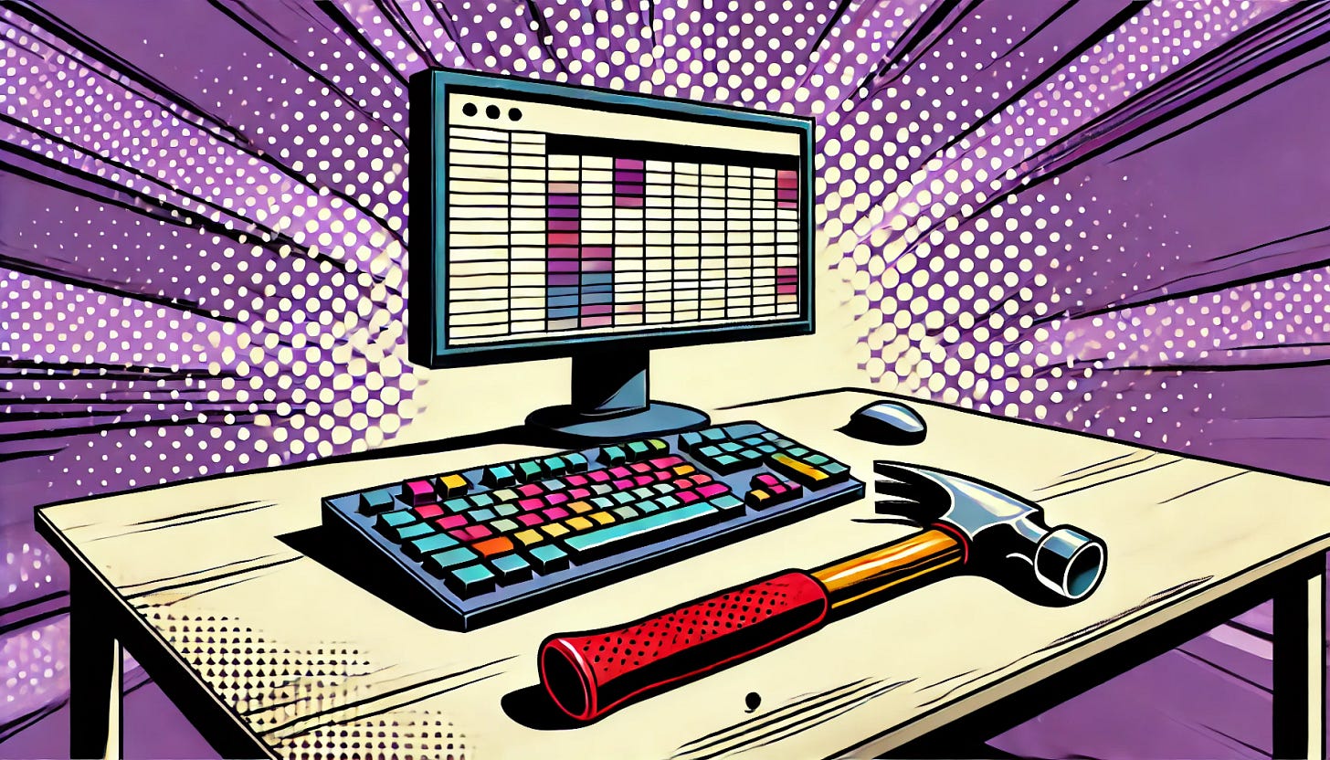 A pop art style illustration of a computer desk. On the desk, there is a monitor displaying a digital spreadsheet, and next to it lies a hammer. The color palette is restricted to bright purple, bright orange, black, and white, with a white background. The scene is clean and minimal, symbolizing the contrast between precision and force, or analysis and action.