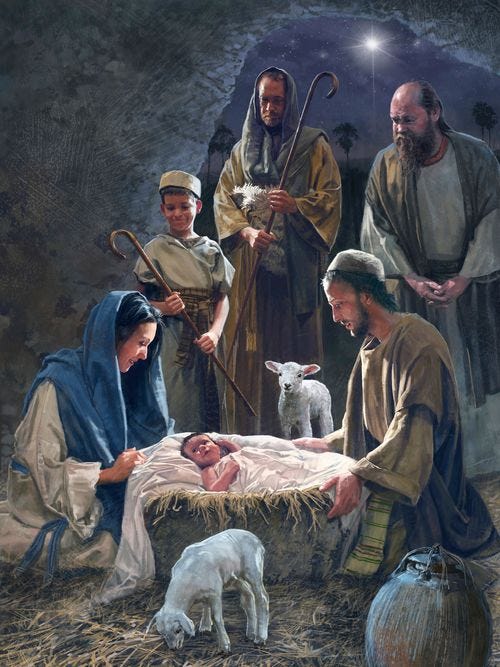 Mary, Joseph, and the shepherds around baby Jesus