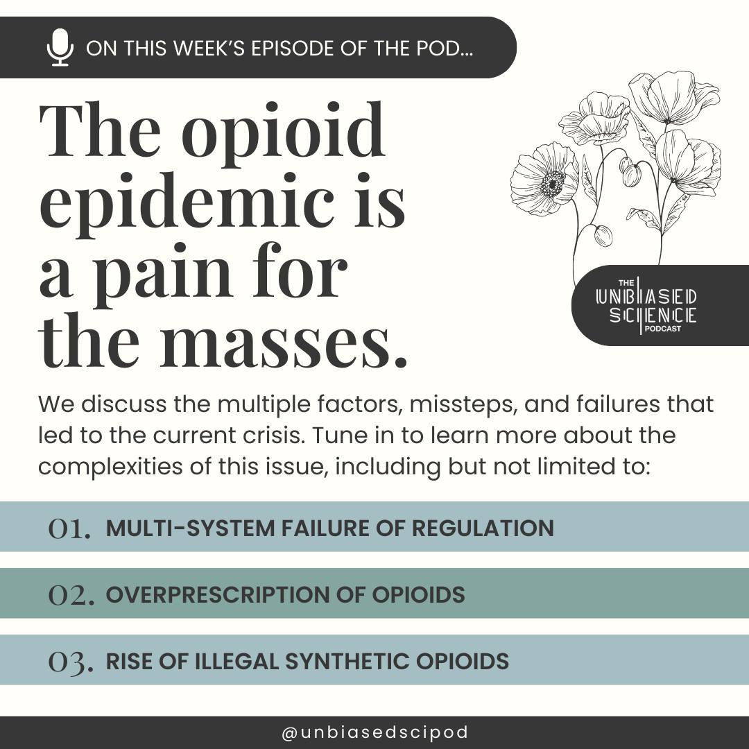May be an image of text that says 'ON THIS WEEK'S EPISODE OF THE POD... UNIBASIEID SICIENICIE PODCAST The opioid epidemic is a pain for the masses. We discuss the multiple factors, missteps, and failures that led to the current crisis. Tune in to learn more about the complexities of this issue, including but not limited to: 01. MULTI-SYSTEMFAILURE FAILURE OF REGULATION 02. OVERPRESCRIPTION OF OPIOIDS 03. RISE OF ILLEGAL SYNTHETIC OPIOIDS @unbiasedscipod'