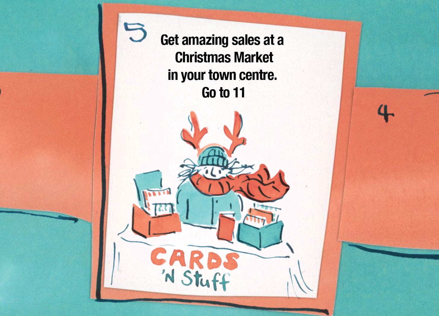 Single board game square. Text reads Get amazing sales at a Christmas Market in your town centre Go to 11. 