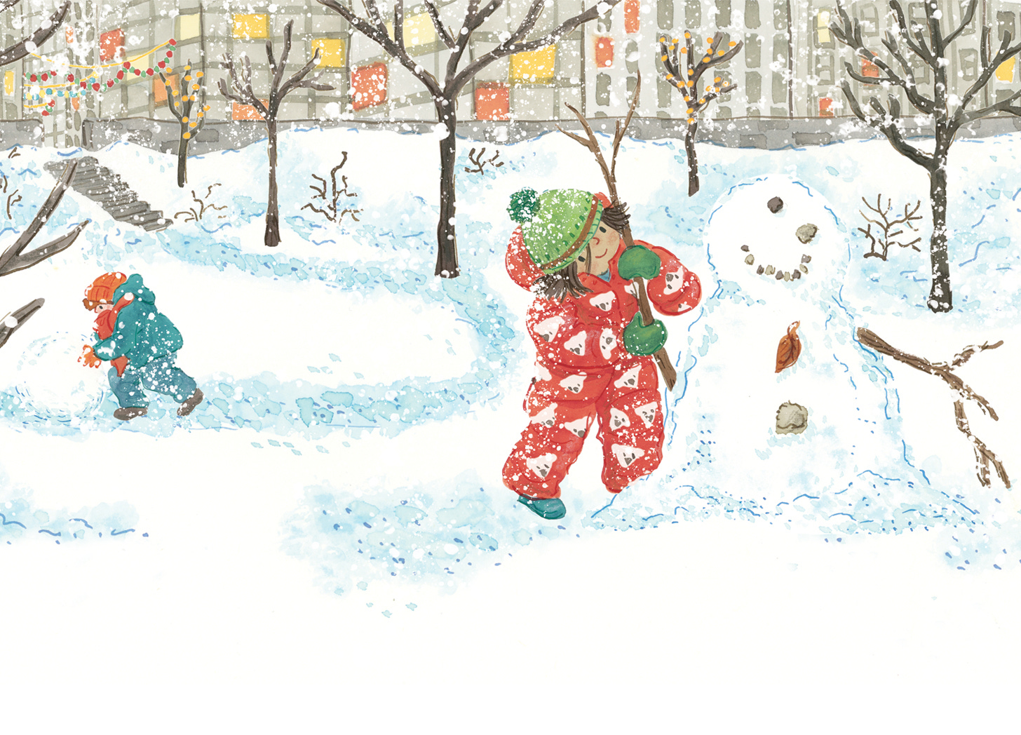 a young girl in a red snowsuit builds a snowman in a city park. Behind her a boy in blue coat rolls a large snowball. Watercolour illustration by Nanette Regan