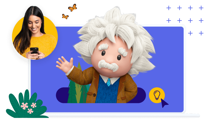 Einstein, a Salesforce mascot in a screen; woman looking at her phone