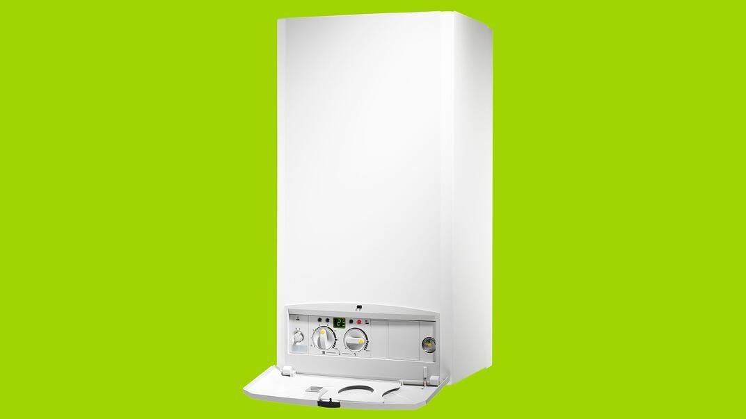 A traditional household boiler superimposed onto a lime green background