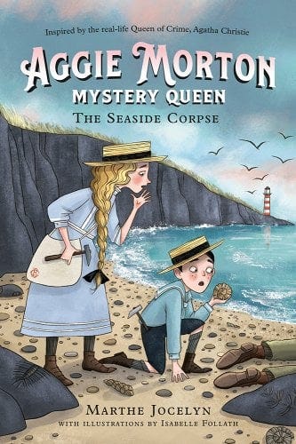 aggie morton seaside corpse cover, aggie and hector finding a dead man on a beach with cliffs and a lighthouse in the background
