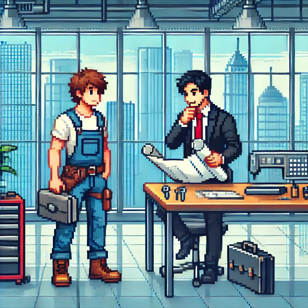 A pixel art style image of two people in a modern startup office with large windows showing skyscrapers outside. One person, representing the technician, is dressed in practical work clothes and appears focused on hands-on tasks, like fixing or working with machinery. The other person, representing the engineer, is wearing professional attire and appears thoughtful, holding blueprints or a technical drawing, symbolizing design and planning. Behind them is a desk with office equipment. The scene should have a vibrant, 16-bit pixel art aesthetic, with clear visual cues to distinguish the roles of both characters.