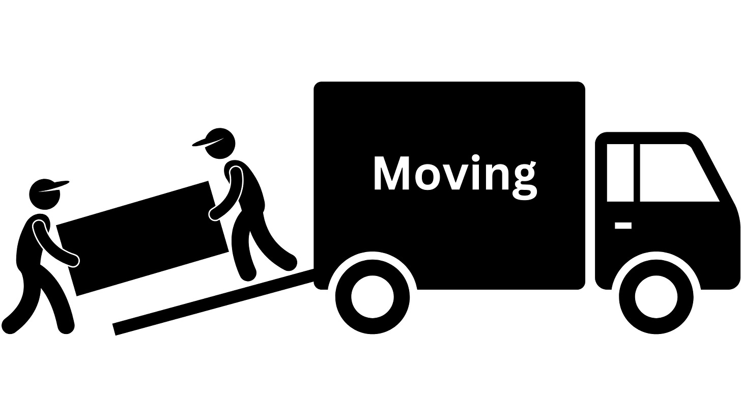 Silhouette graphic representing to movers putting furniture into a moving van