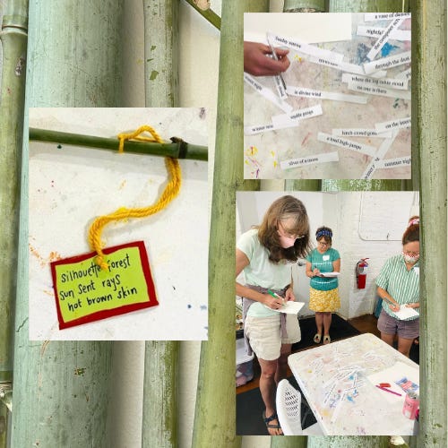 Picture collage of a small poem hanging on bamboo, a few women working on their poetry while standing, and scattered haiku lines with a hand reaching out to grab one. The background image is of bamboo.