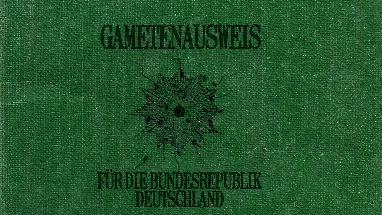 "Gametenausweis für die Bundesrepublik Deutschland". Grüner Ledereinband. In der Mitte eine Eizelle, die von Spermien umzingelt wird.