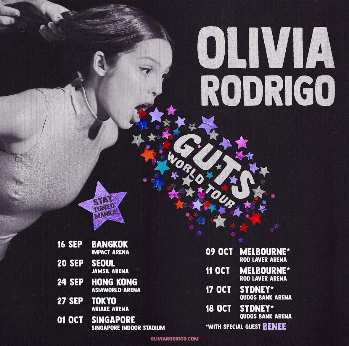 The American songstress, Olivia Rodrigo announced the Asian and Australian  legs of her ongoing Guts world tour – and Singapore made the cut but not  Malaysia. : r/malaysia
