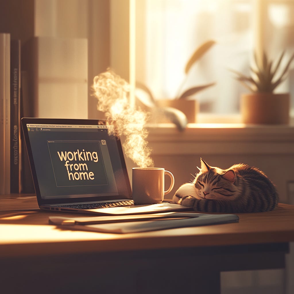 an illustration of a modern office desk with a steaming mug, laptop displaying a "working from home" message, and a cat sleeping nearby, soft morning ligh