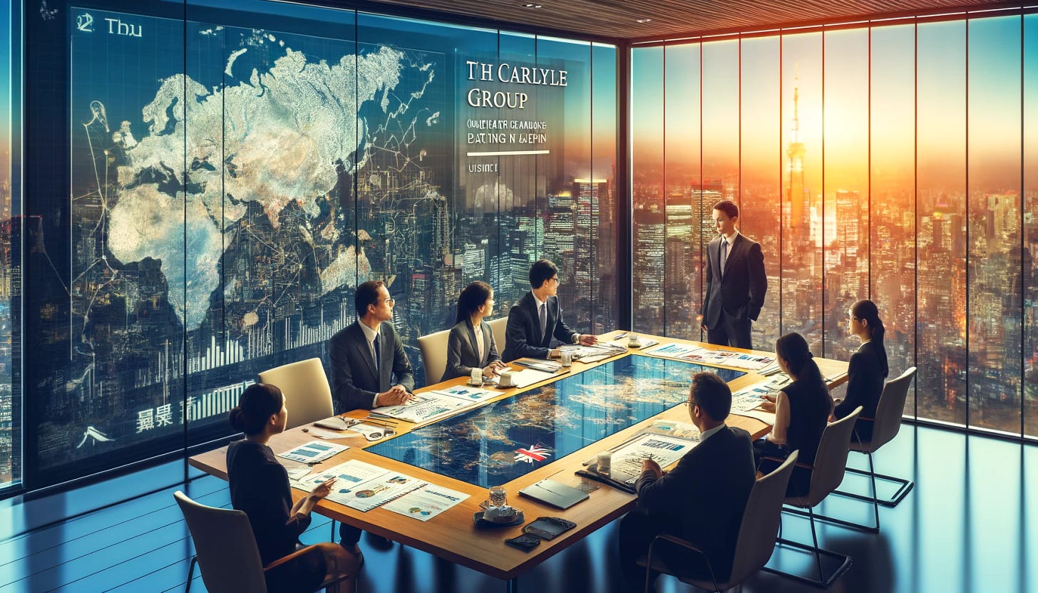 A detailed illustration of the Carlyle Group operating in Japan. The scene shows a modern office setting with Carlyle Group branding, including their logo on a wall. Business professionals, both Japanese and international, are having a strategic meeting. The background includes large windows with views of Tokyo's skyline, featuring landmarks like Tokyo Tower and Mount Fuji. Financial charts, graphs, and documents are spread across a conference table, and a digital screen displays a map of Japan with highlighted investment regions. The atmosphere is professional, dynamic, and focused on high-stakes financial operations.