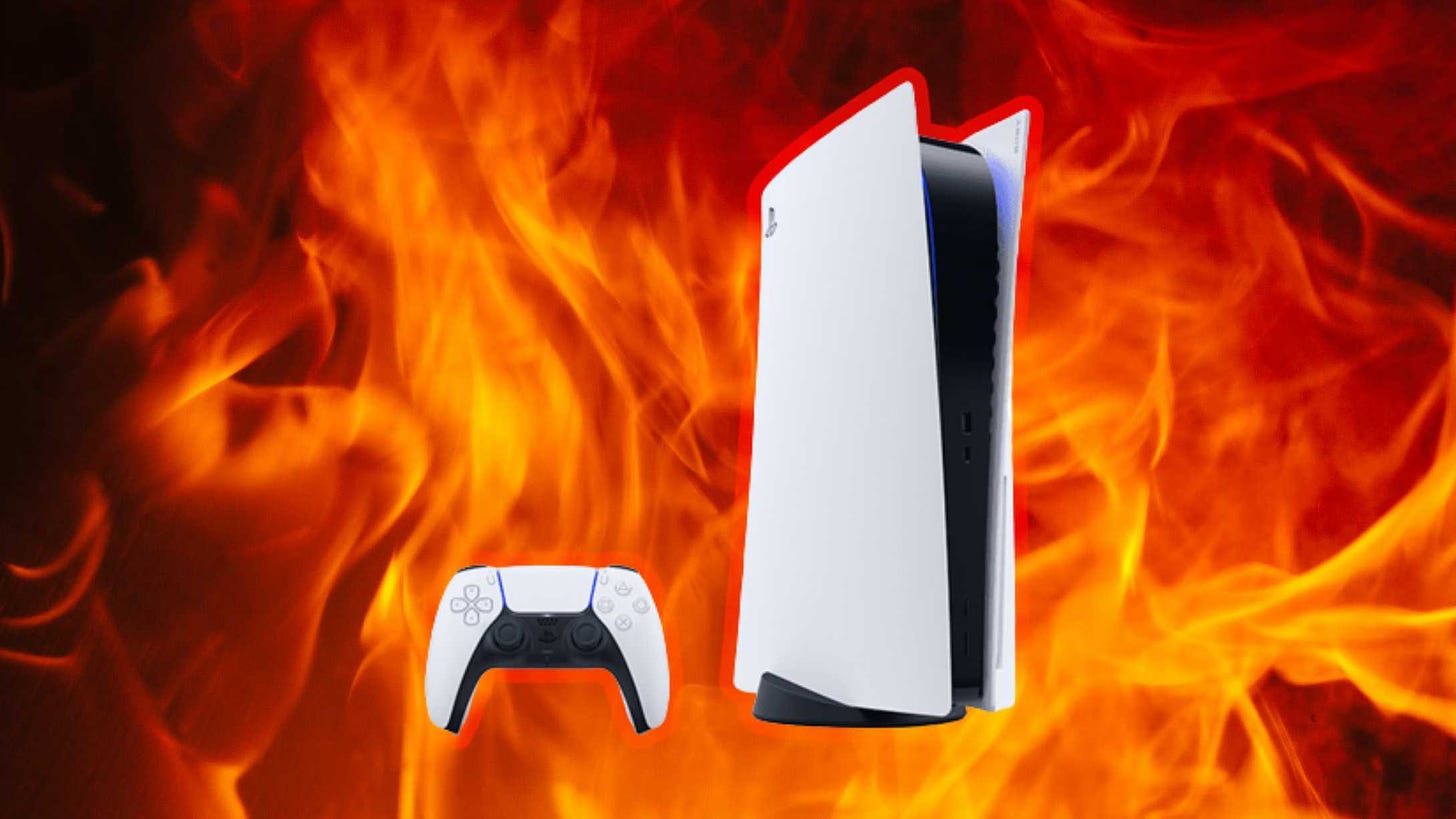 PS5 against a flaming background
