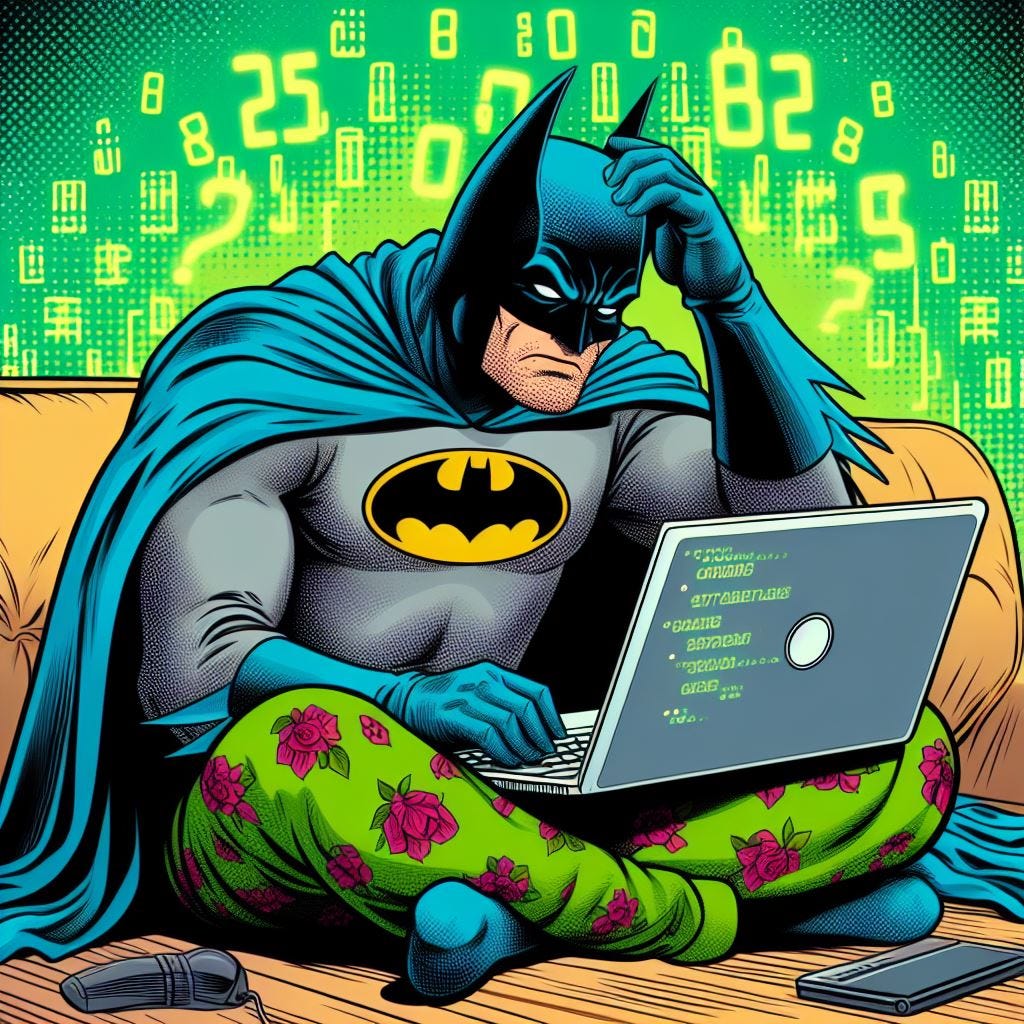 Batman in his pijamas programming with a laptop in american comics style