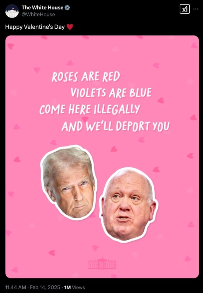 The White House trolls illegal migrants with valentines card featuring Trump, Homan.