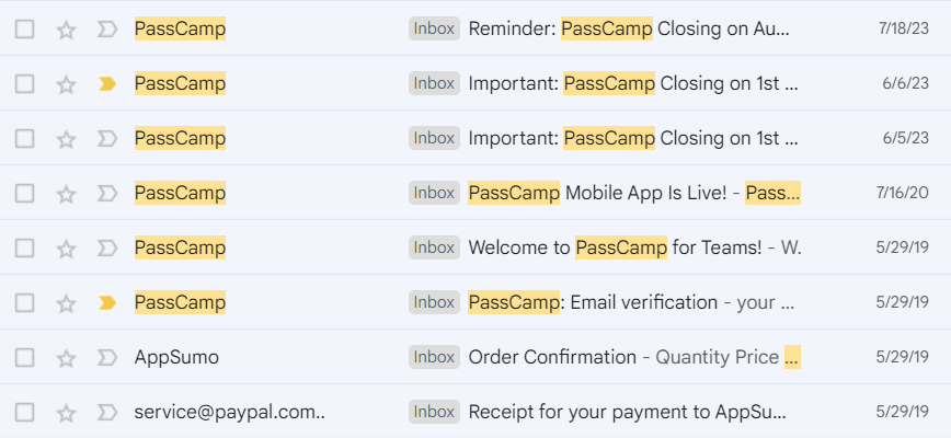 A screenshot of an email inbox showing emails from PassCamp