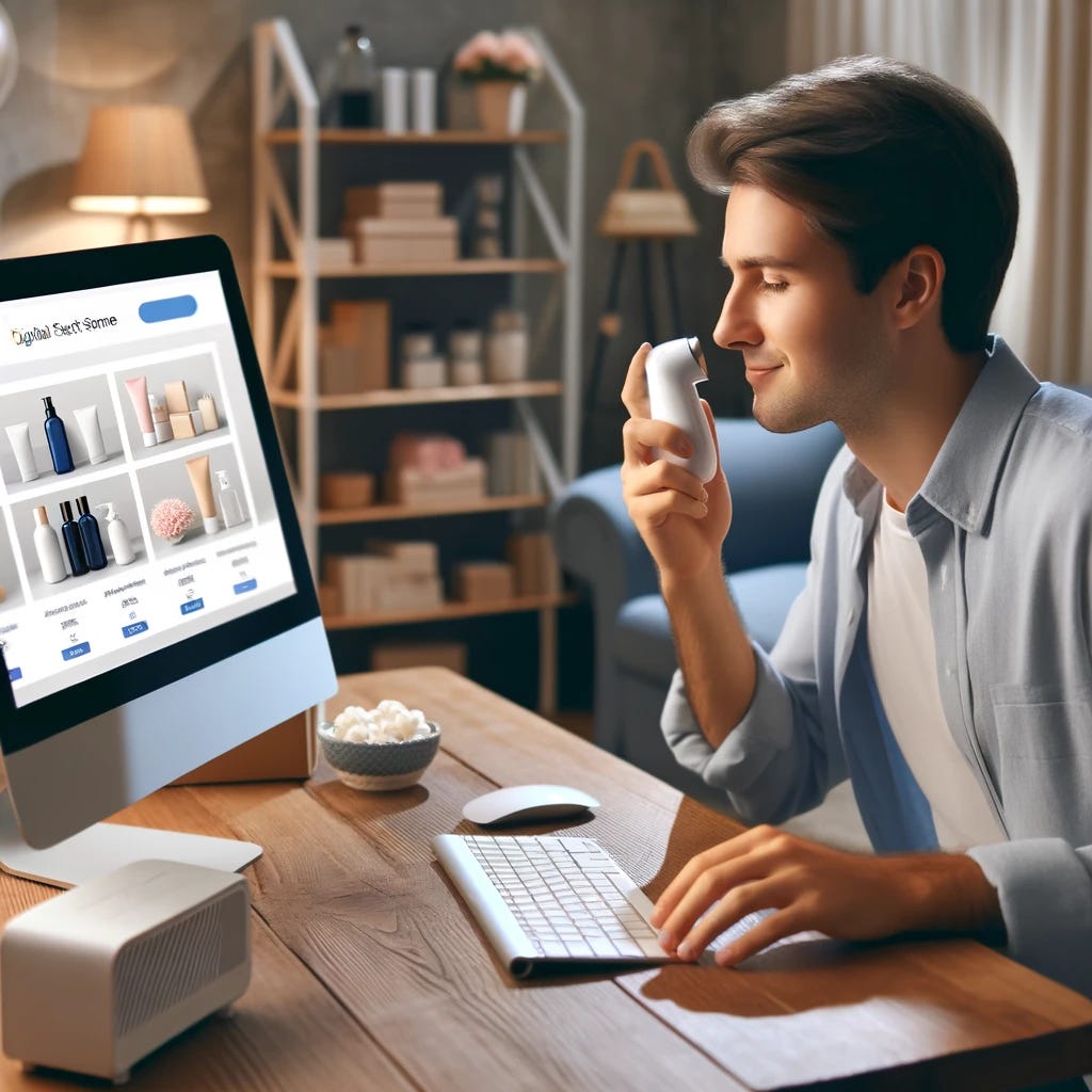 A user shopping online from home, using a desktop computer equipped with a digital scent device, exploring a virtual store where they can smell different products before making a purchase decision. The room is cozy, with the user showing a look of pleasant surprise as they experience various scents.