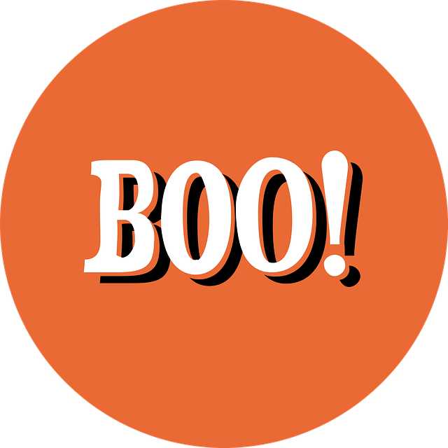 A bright orange circle with the word "BOO!" in it, courtesy of Pixabay