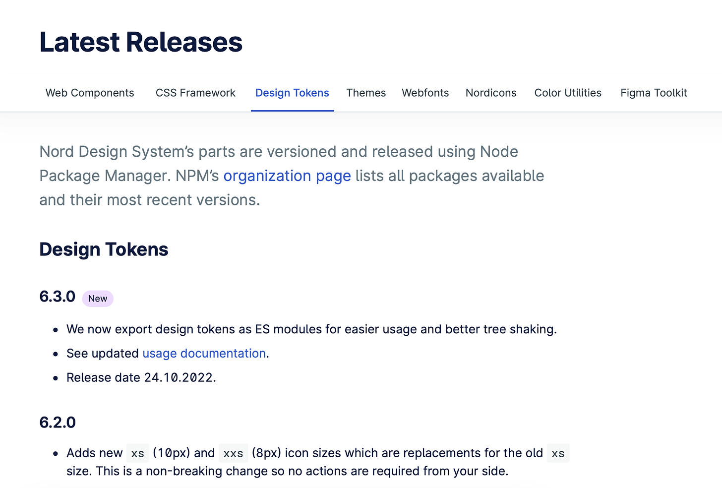 The design tokens changelog page on Nord Design System website